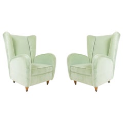 Pair of Paolo Buffa Modernist Wingback Mint Green Velvet Armchairs