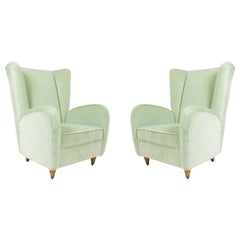 Pair of Paolo Buffa Modernist Wingback Mint Green Velvet Armchairs