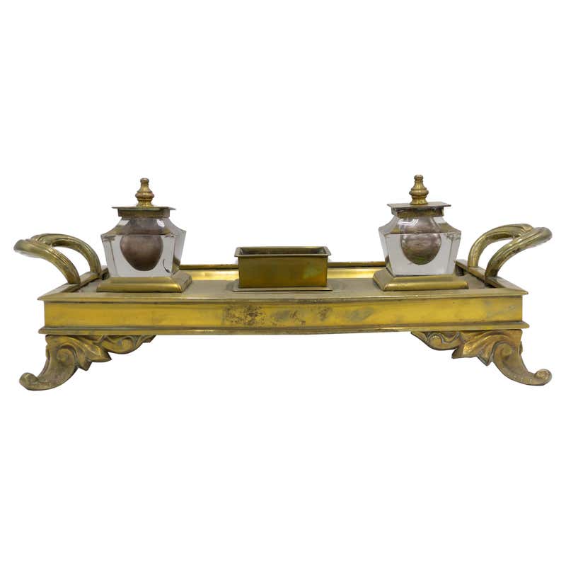 Antique English Bronze, Brass and Glass Inkstand / Inkwell, circa 1870 ...