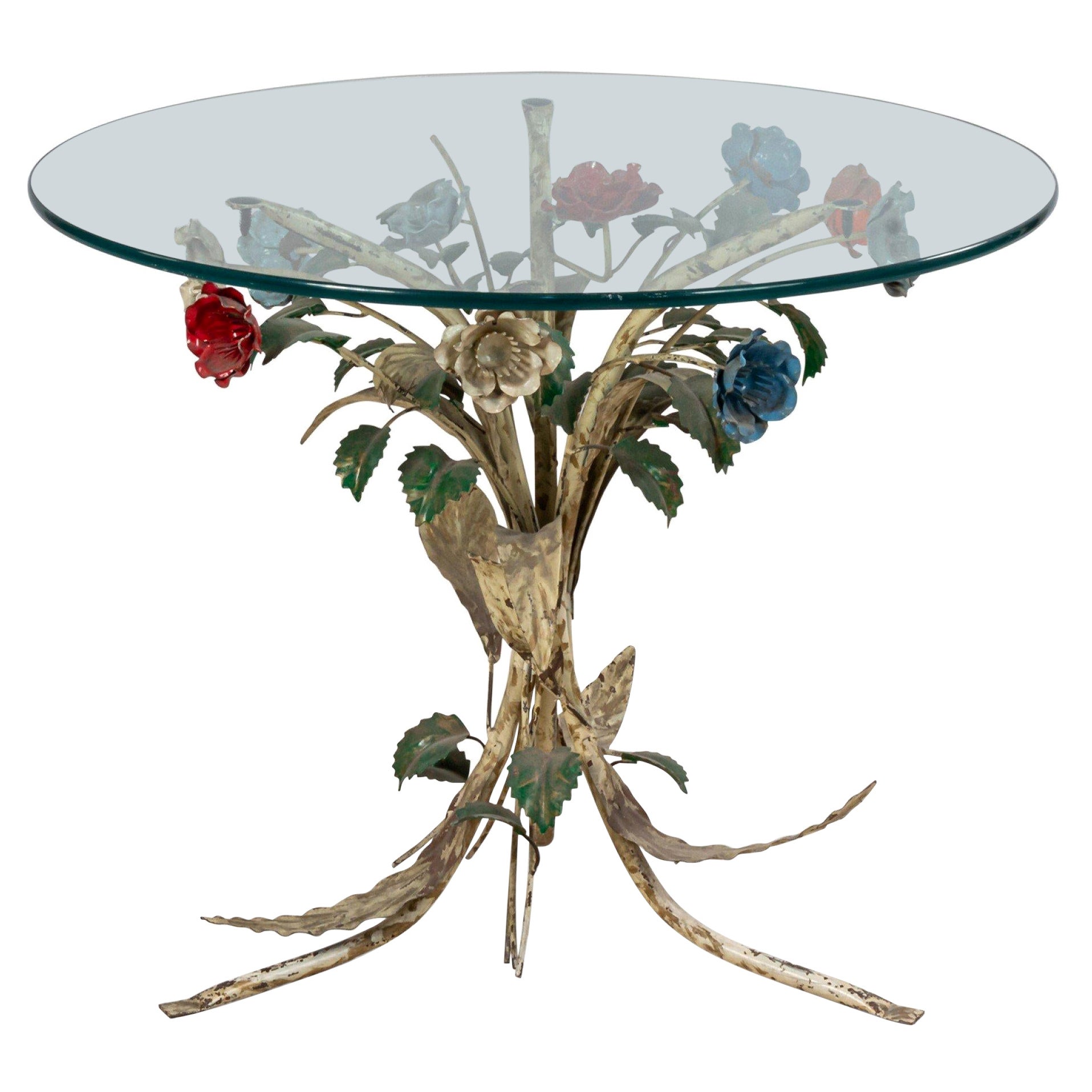 Table basse ronde en verre à base florale en métal du milieu du siècle dernier