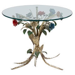 Mid-Century Metal Floral Base Round Glass Coffee Table