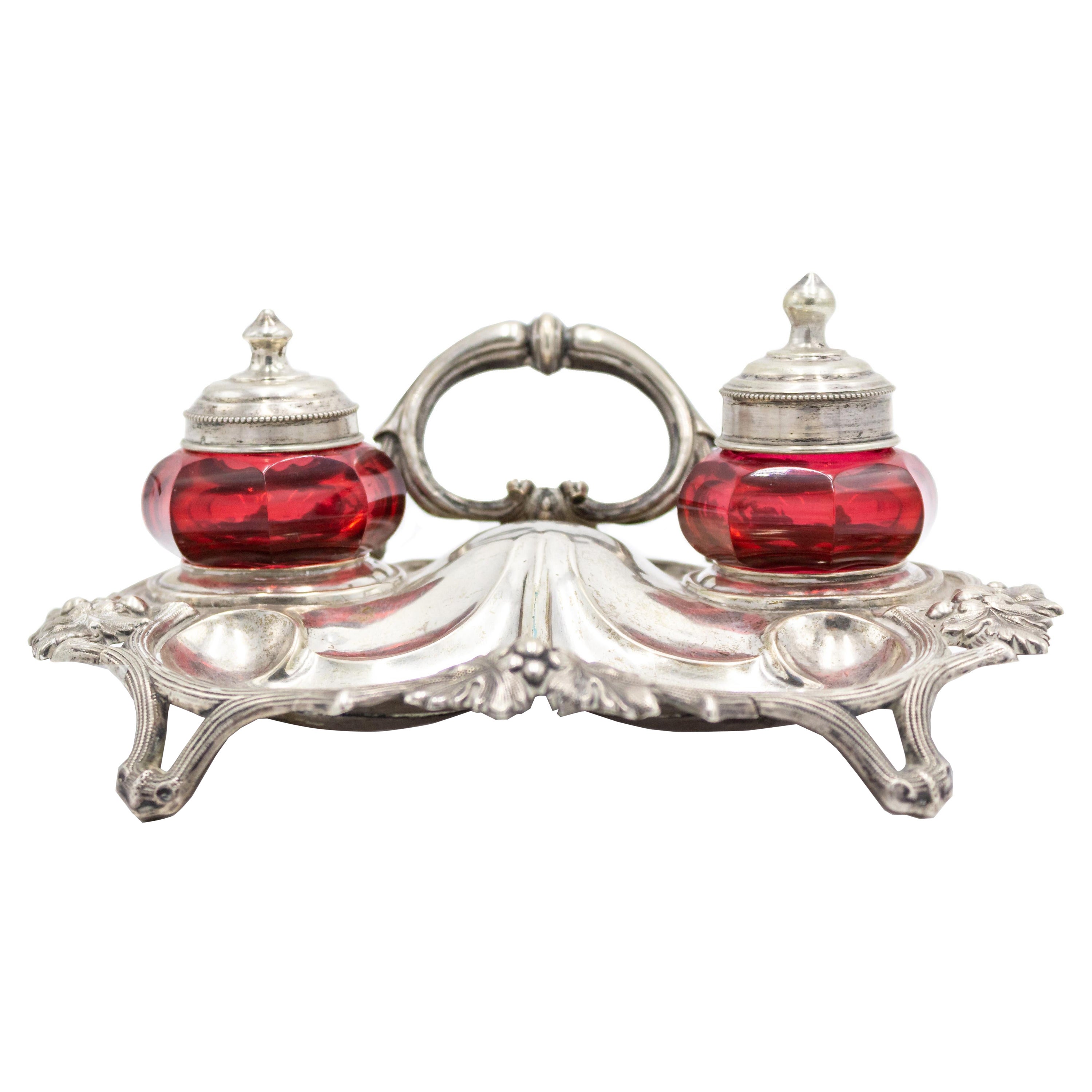 English Victorian Silver and Cranberry Glass Inkwell