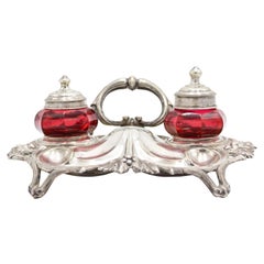 Antique English Victorian Silver and Cranberry Glass Inkwell