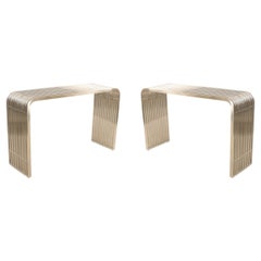 Pair of Contemporary Silver Metal Curved Metal Slat Console Tables