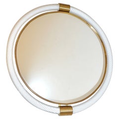 1990s Barovier Italian Milk White Twisted Murano Glass Modern Round Brass Mirror