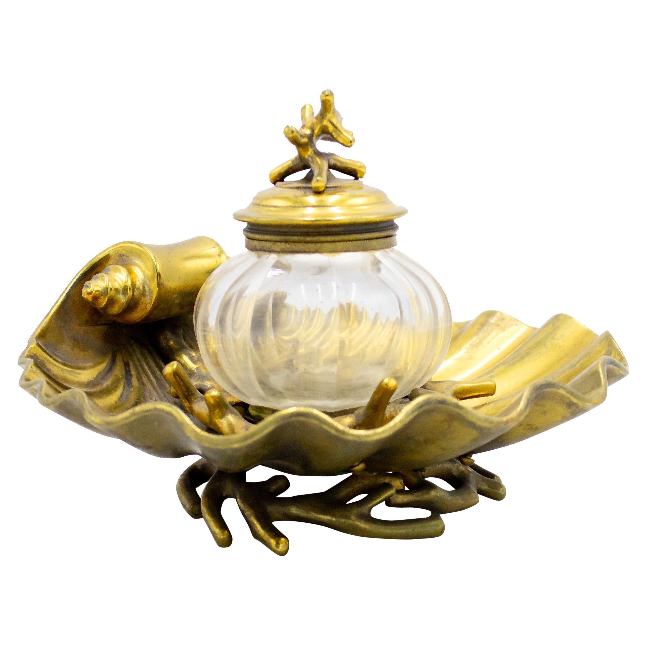 English Victorian Brass and Crystal Inkwell For Sale