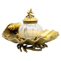 English Victorian Brass and Crystal Inkwell