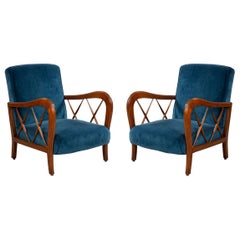 Pair of Italian Mid-Century Blue Velvet and Walnut Lounge Armchairs