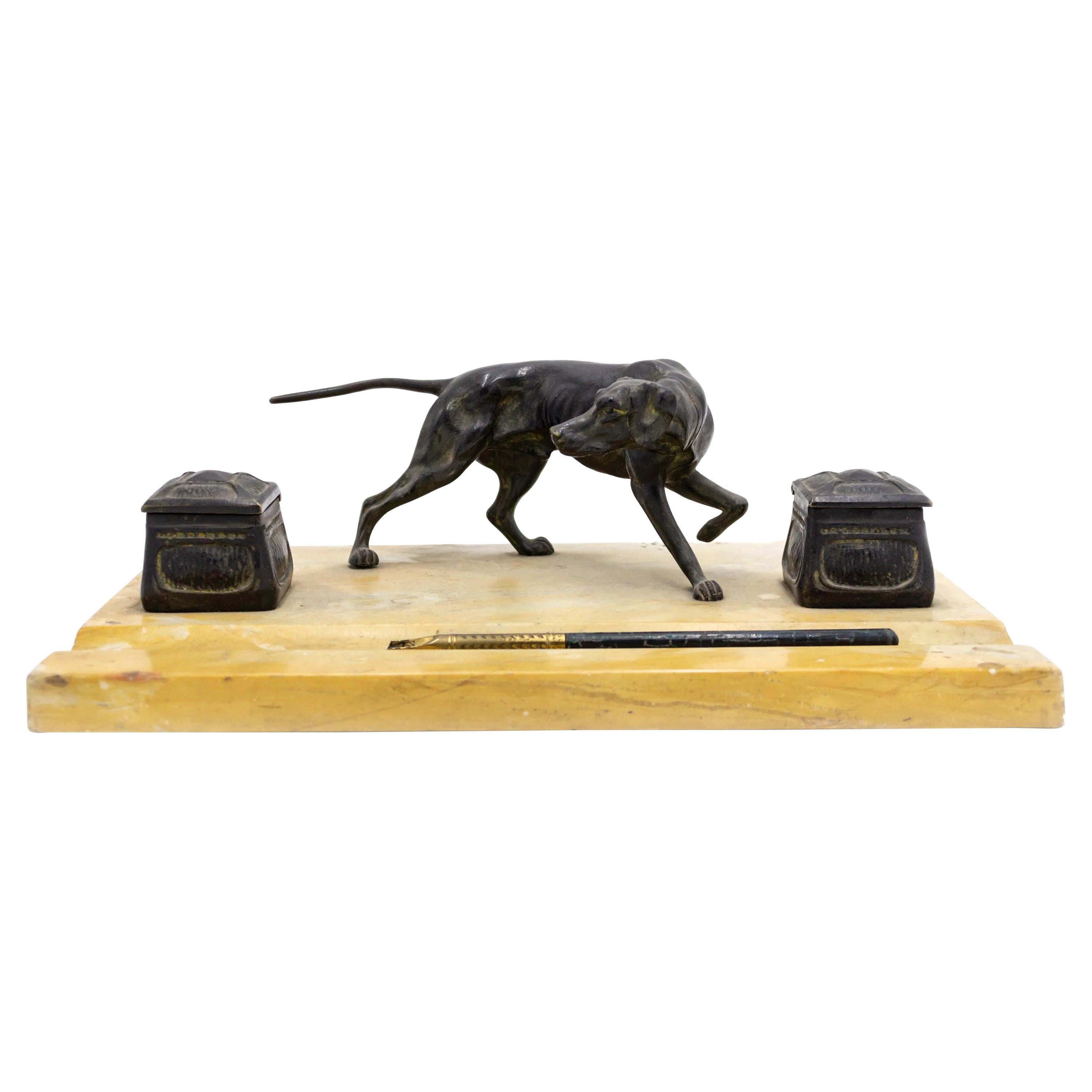 English Victorian Marble Double Inkwell with Dog For Sale