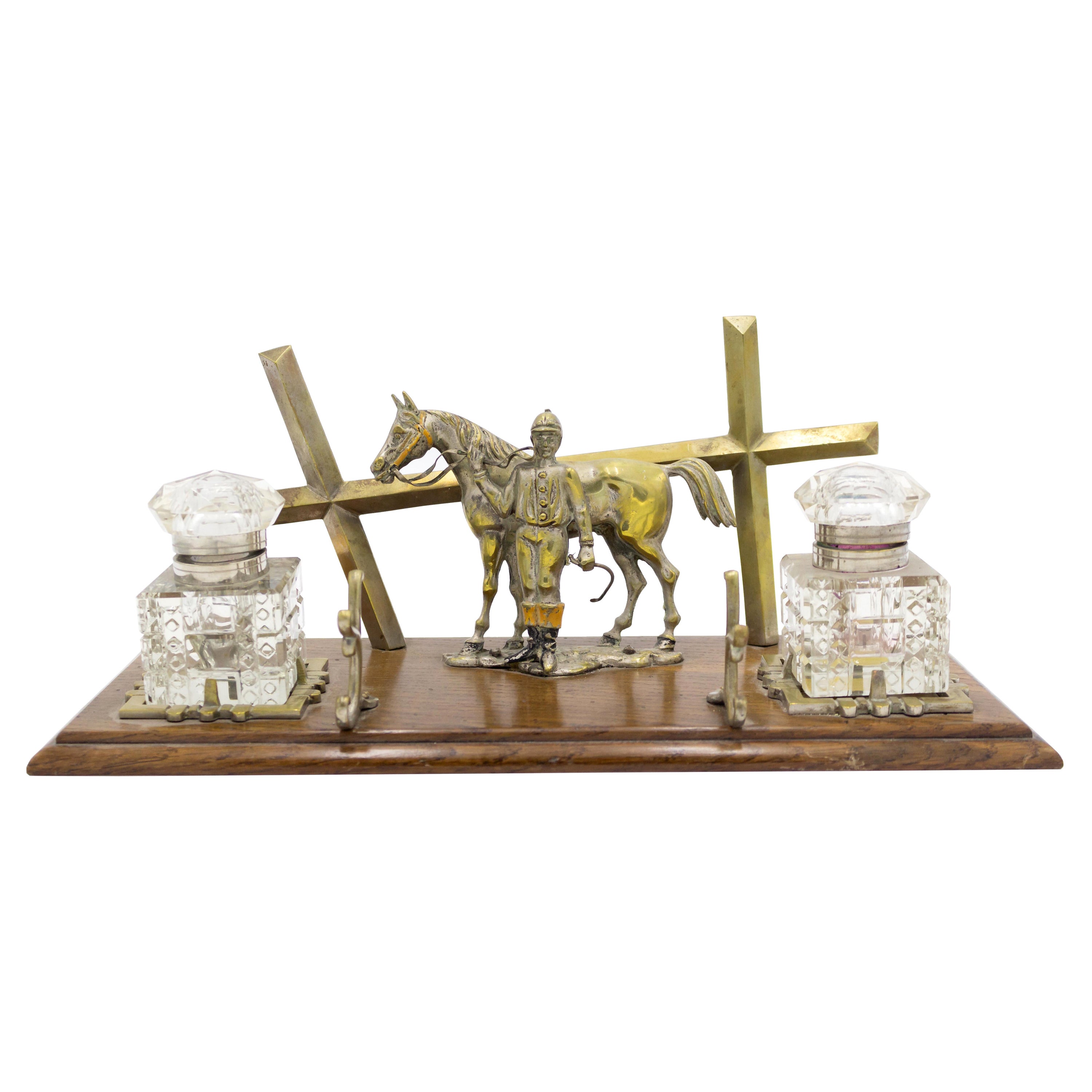 English Victorian Bronze Double Inkwell with Horse