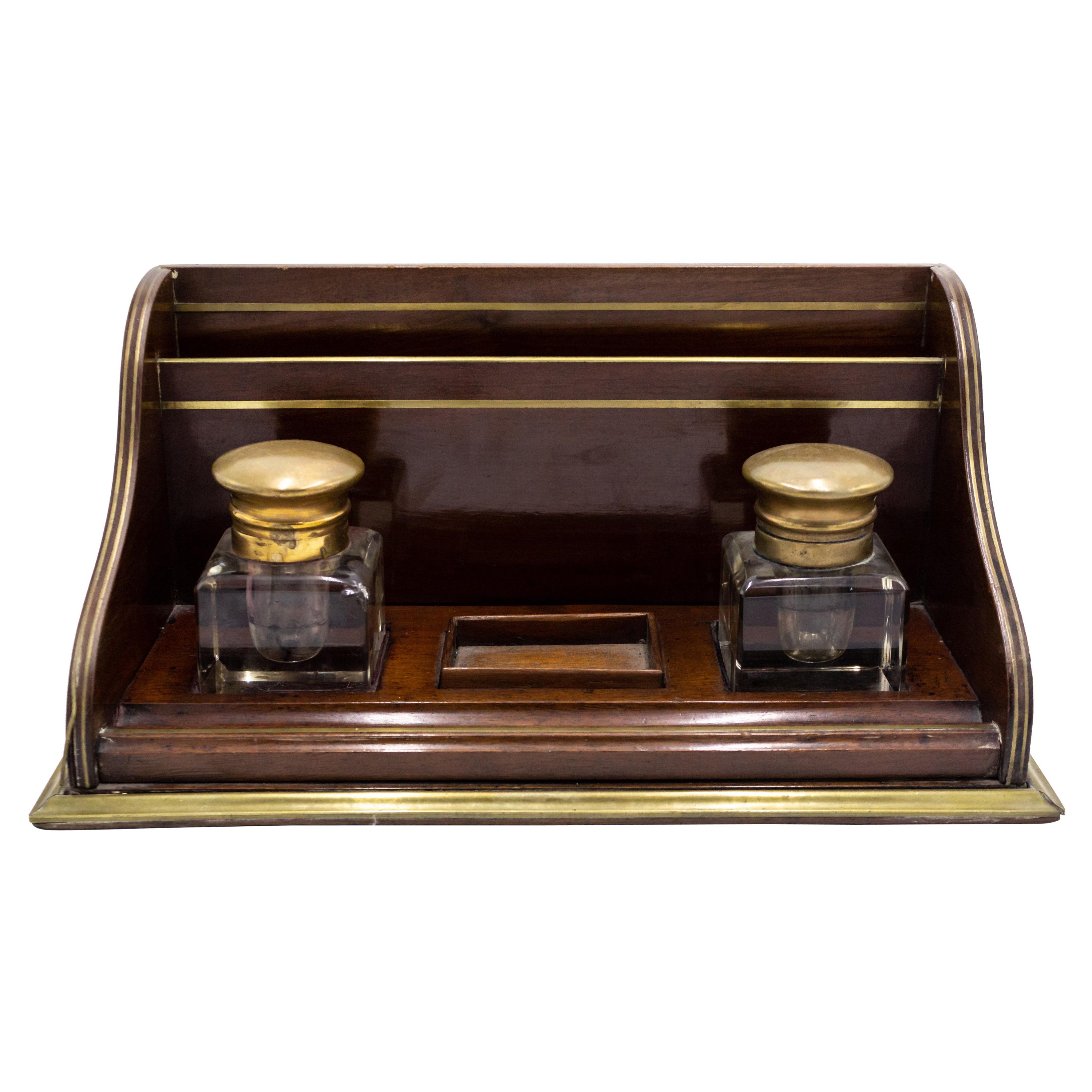 English Victorian Mahogany Double Inkwell For Sale