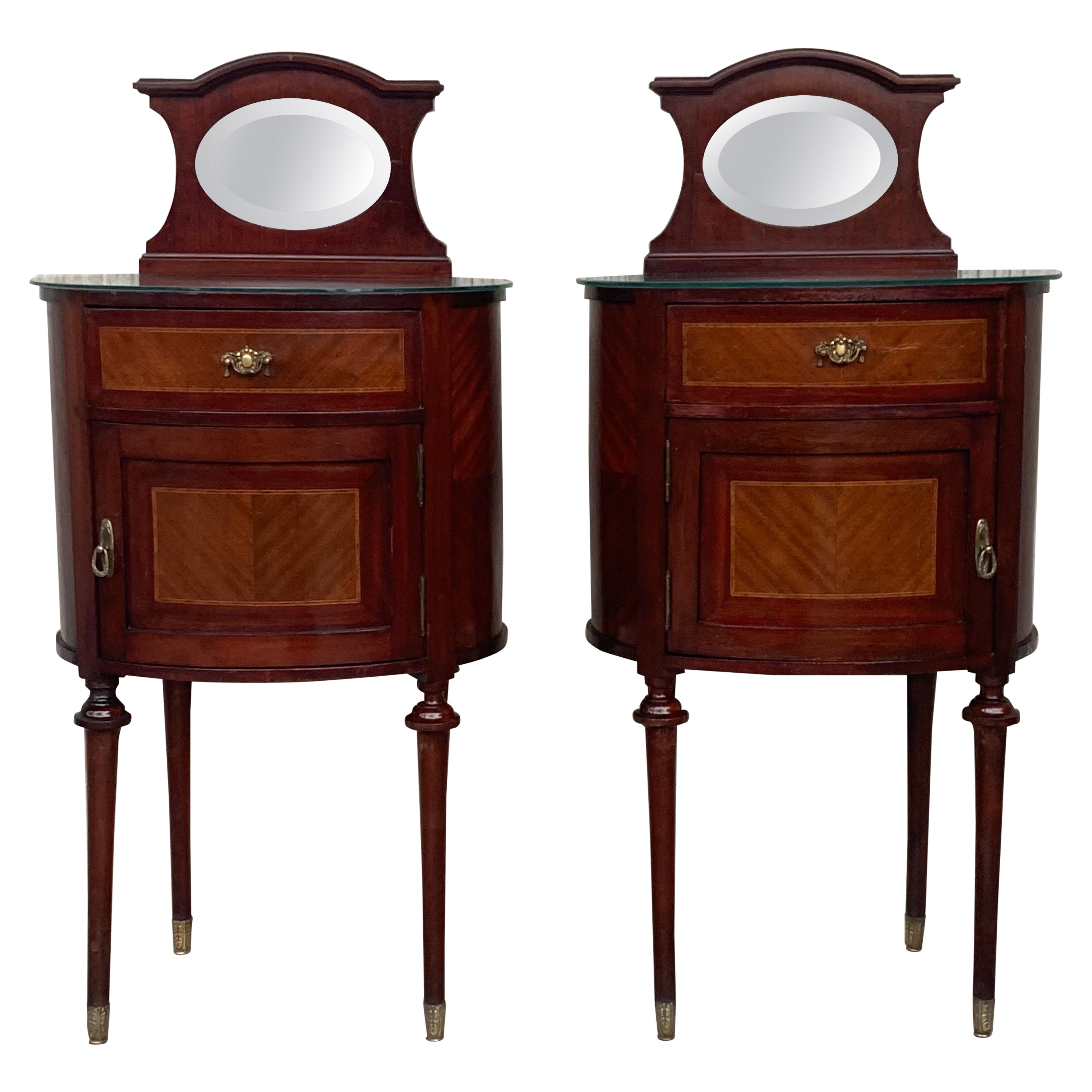 19th Louis XVI Style Pair of Marquetry Nightstands with Bronze & Mirror Crest For Sale