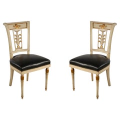 Jansen French Directoire Style Beige and Gilt Painted Wood and Black Leather