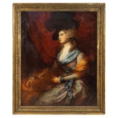 Peinture à l'huile du XIXe siècle représentant une femme victorienne française avec un chapeau noir encadré