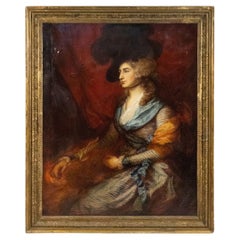 Dipinto a olio del XIX secolo raffigurante una signora francese vittoriana con cappello nero, incorniciato
