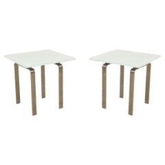 Pair of Contemporary White Glass and Steel Square End Tables
