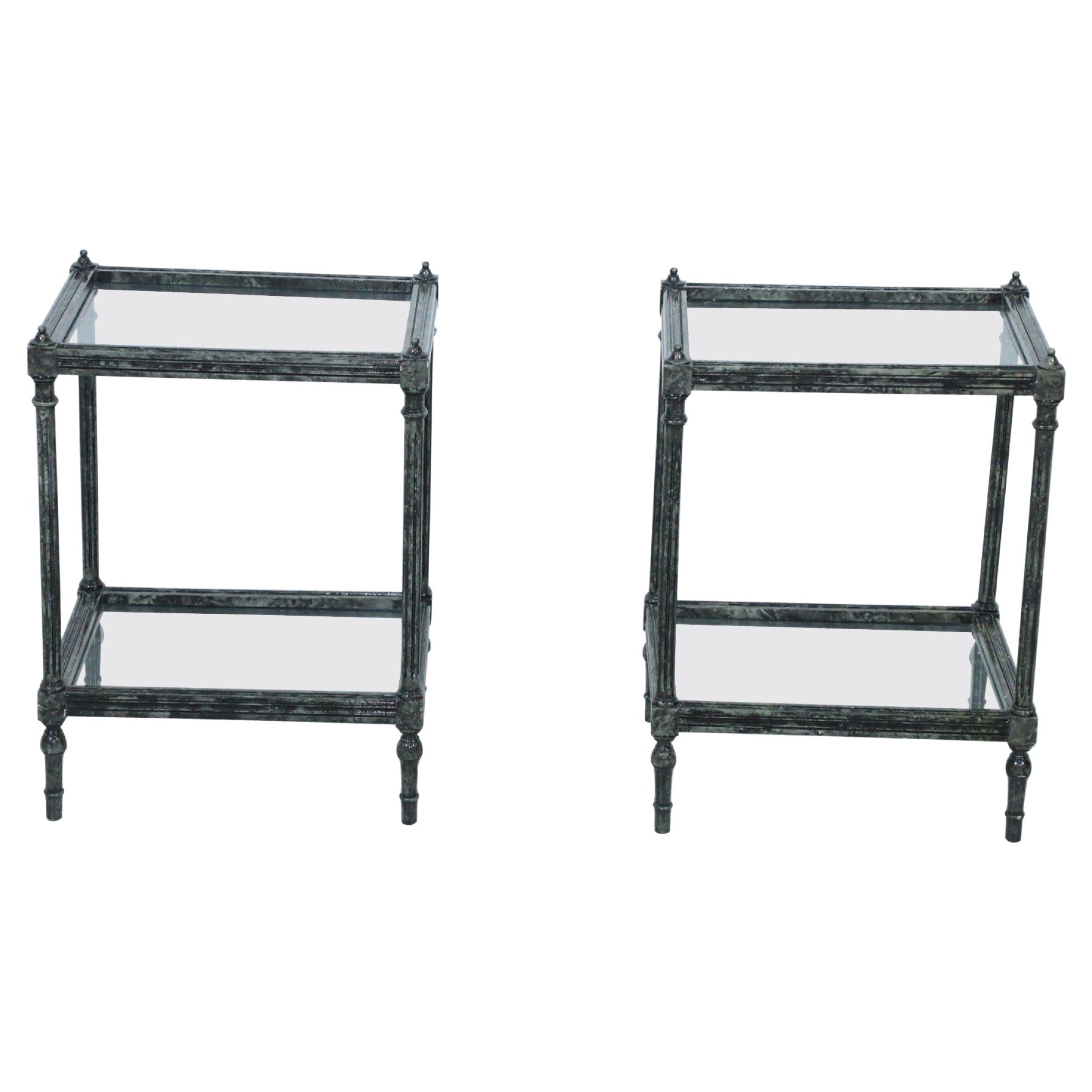 Pair of Contemporary Wooden Faux Metallic Painted End Tables with Glass Tops For Sale