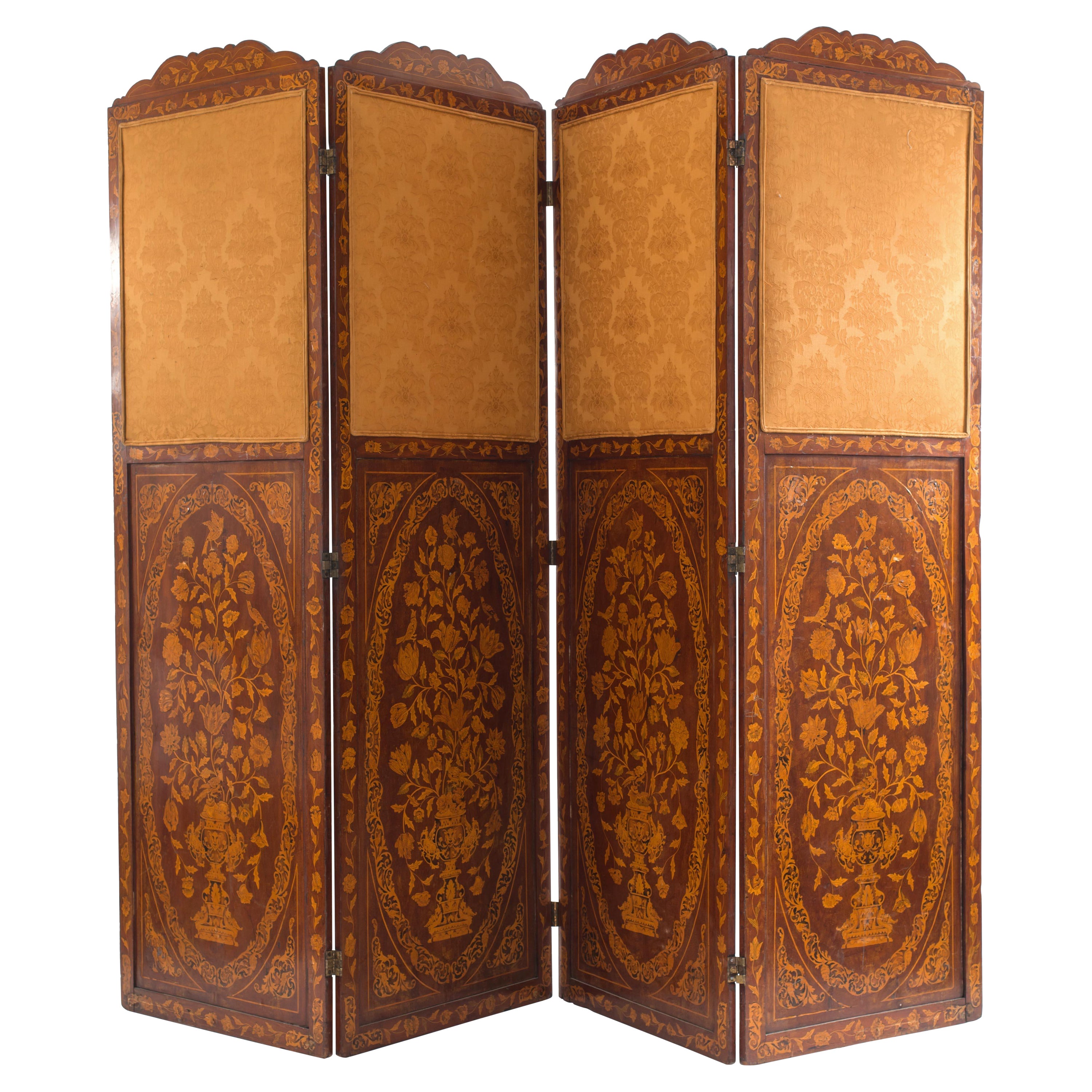 Continental Dutch Style Mahogany 4-Fold Screen with Marquetry