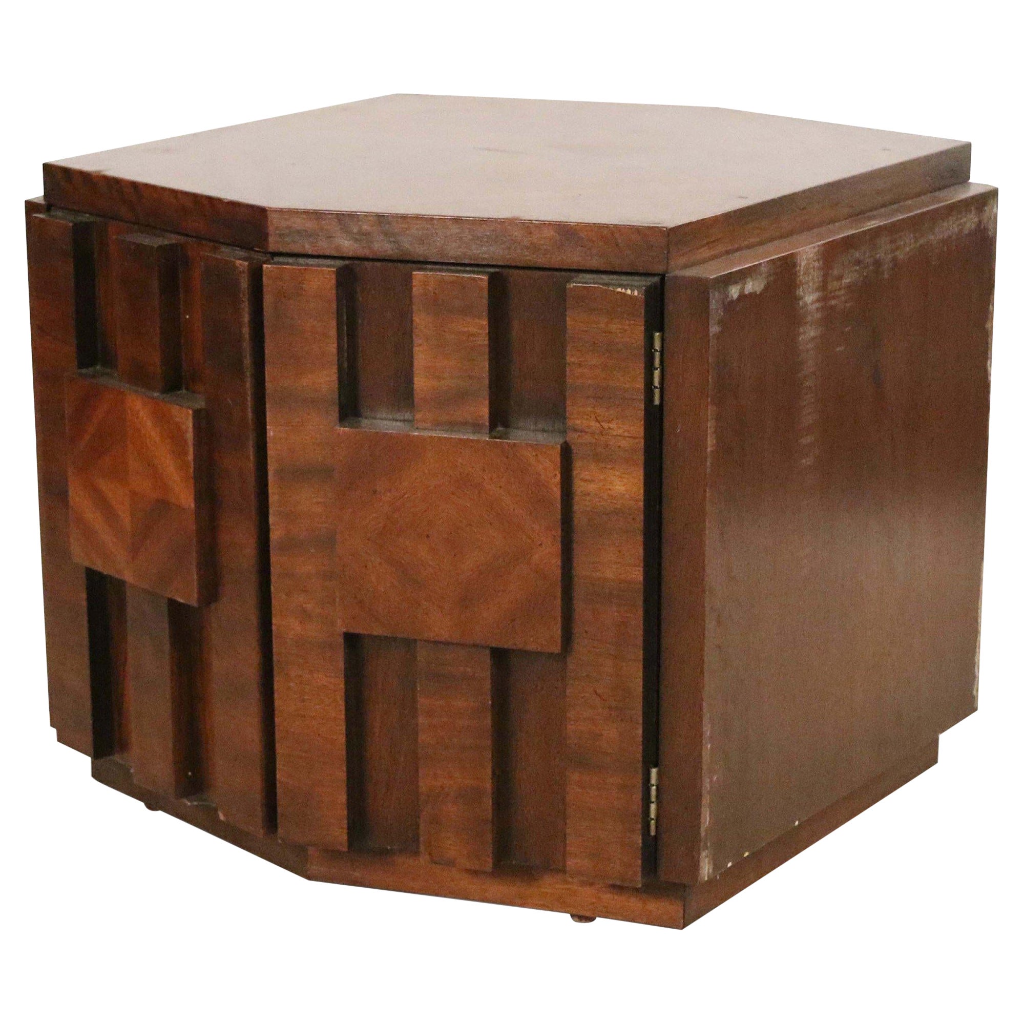 Lane's Mid-Century Walnut Hexagonal Side Top Table Cabinet