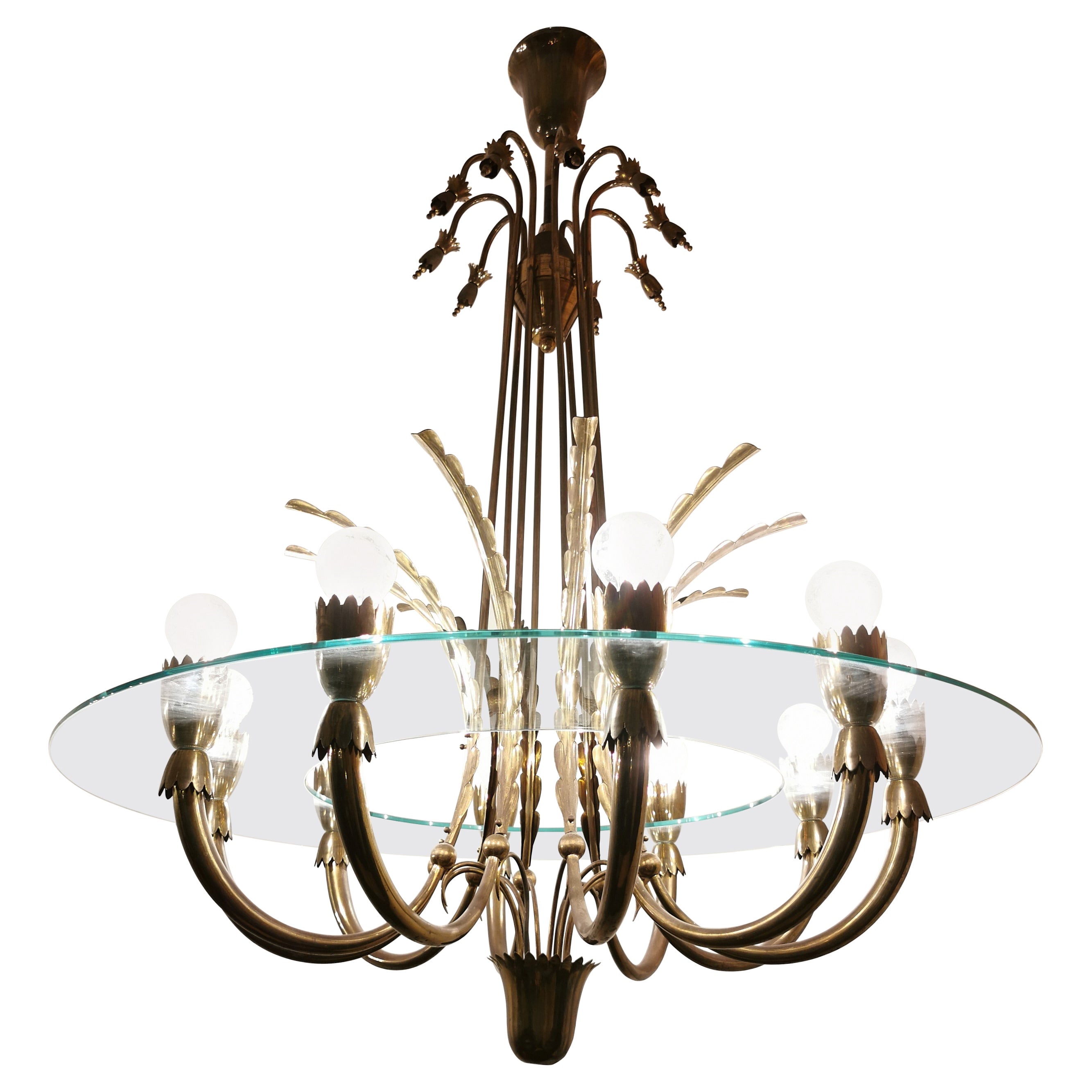 Midcentury Chandelier Pendant Brass Glass Round Monumental Italian Design 1940s