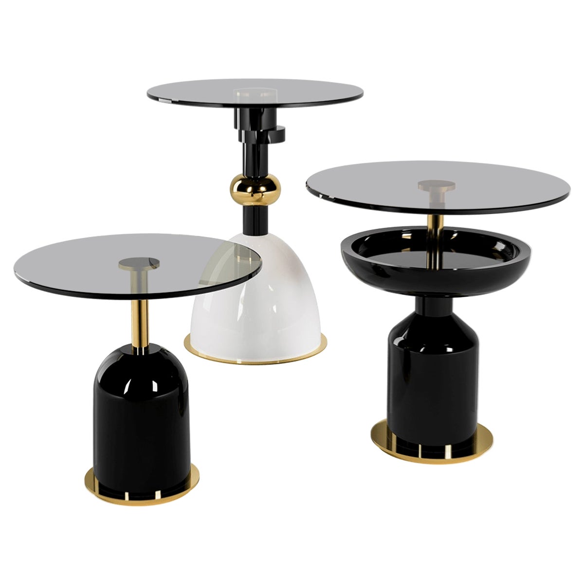 Contemporary Minimal Black, White & Gold Round Side Table Set With Glass Top For Sale