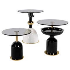 Juego de Mesa Auxiliar Redonda Contemporánea Minimalista Negra, Blanca y Dorada Con Tapa de Cristal