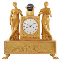 Antique Empire Mantel Clock in Gilt Bronze Depicting "Allegory of Astronomy"