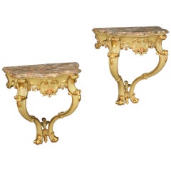 Pair of 20th Century Lacquered Painted Gold Wood Marble Top Italian Consoles
