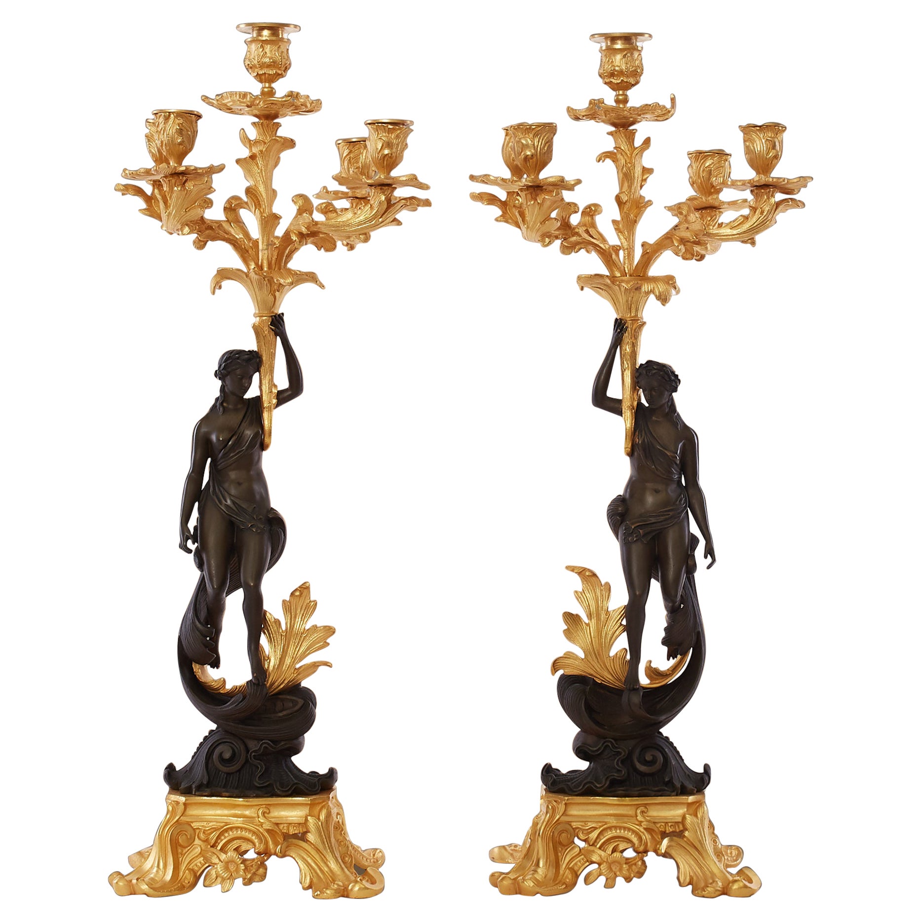 These Are a Pair of Gilded or Enameled Perforated Brass Candlesticks For Sale