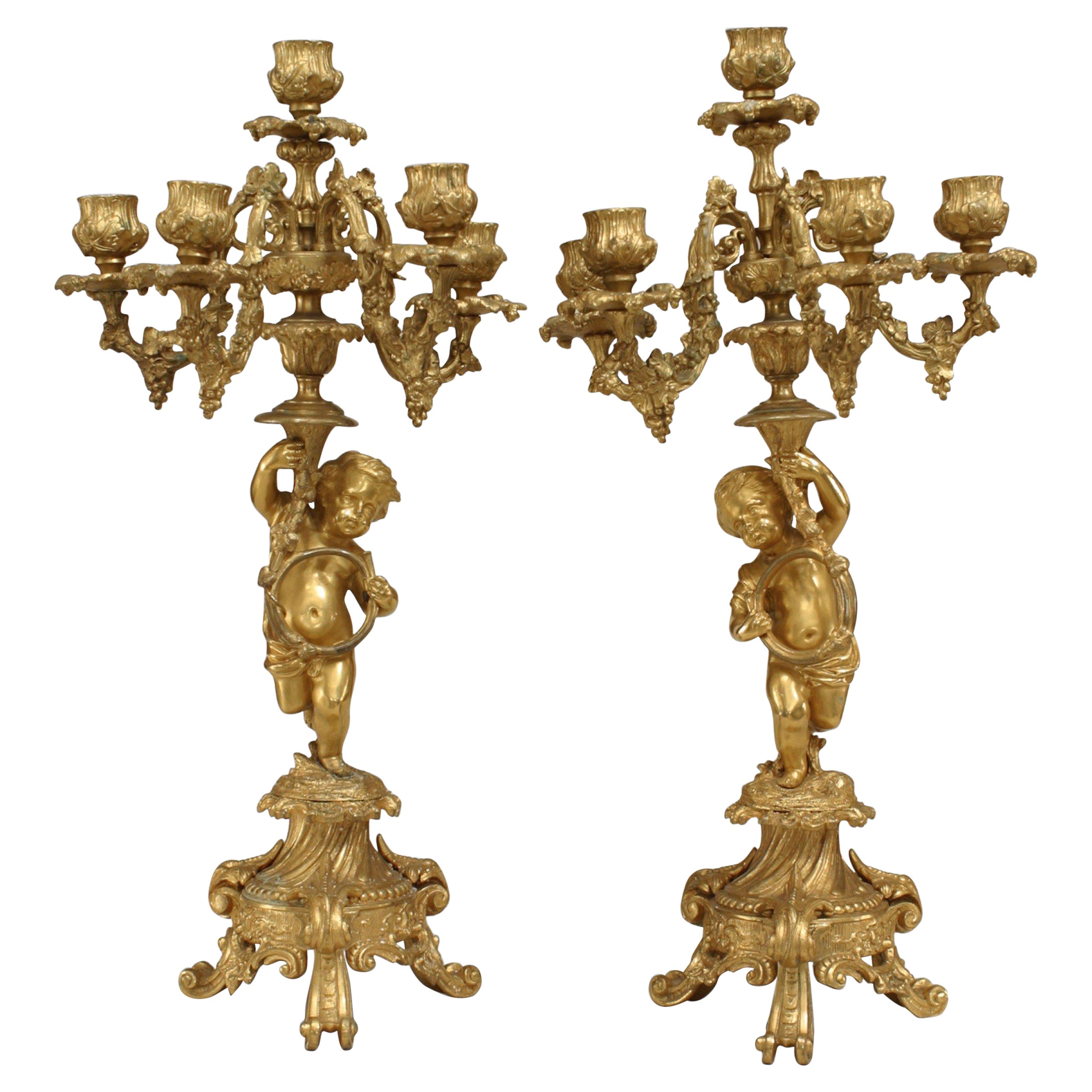 19th Century Pair of French Louis XV Style Bronze Dore Cupid Candelabras For Sale