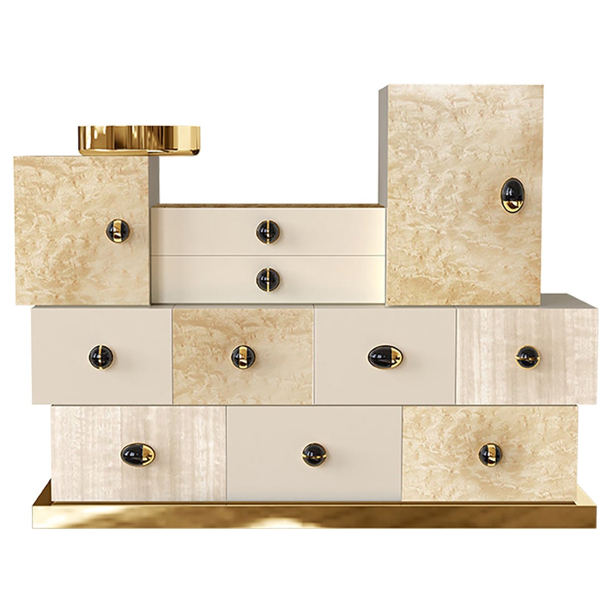 Contemporary Neutral Hues Chest of Drawers in Bird Eye Wood & Brass Details