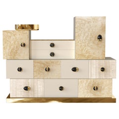 Vintage Contemporary Neutral Hues Chest of Drawers in Bird Eye Wood & Brass Details