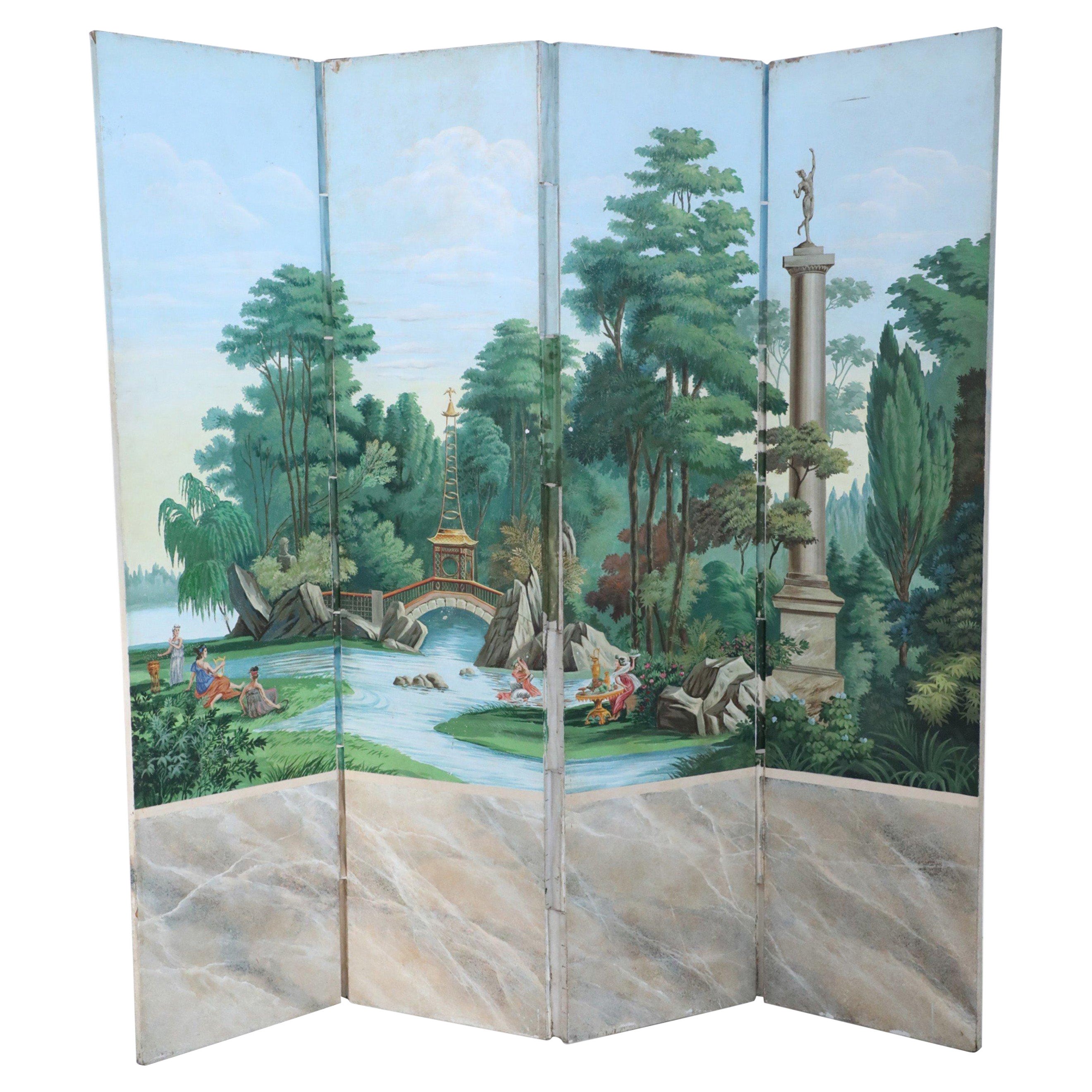 Vintage-Raumteiler im neoklassischen Stil, bemalte Pastoral-Szene, vier Tafeln
