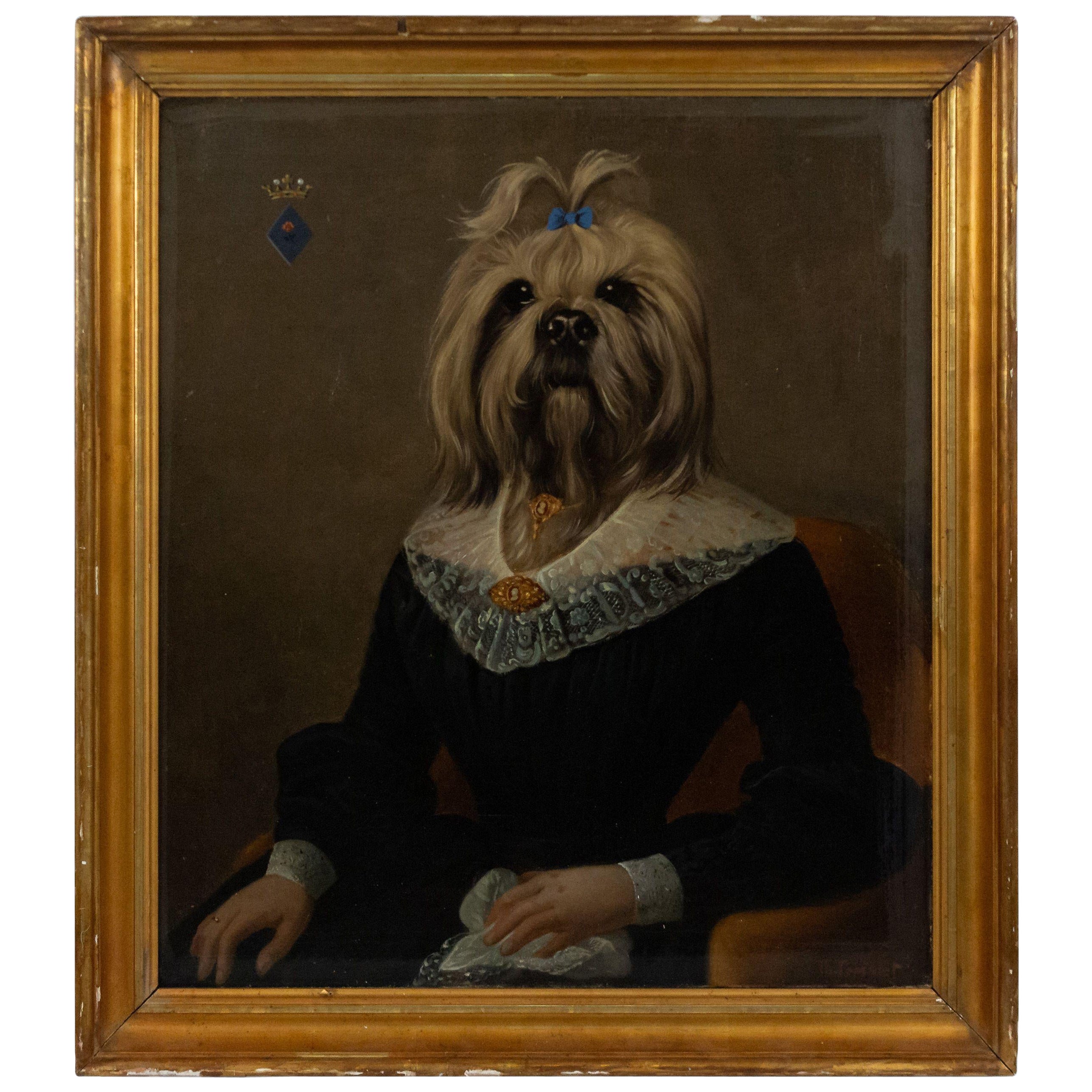 French Victorian Yorkshire Terrier Lady Portrait For Sale