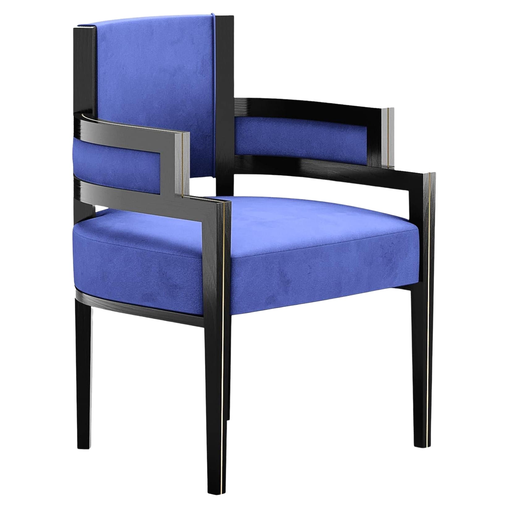 Art Deco Style Dining Chair Blue Velvet Upholstery, Brass Detail Armchair For Sale