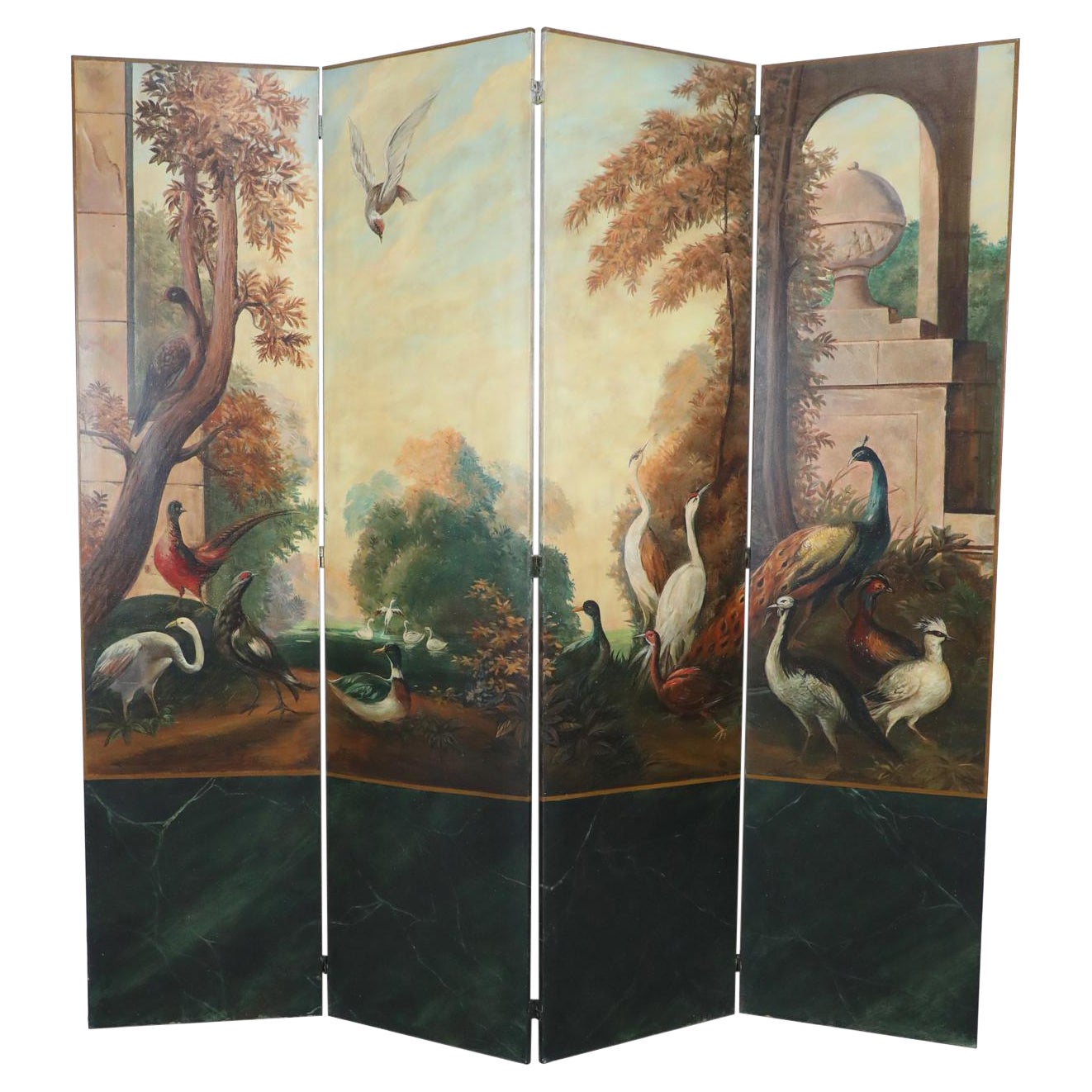 Italian Neoclassical Bird and Garden Vignette Folding Screen For Sale