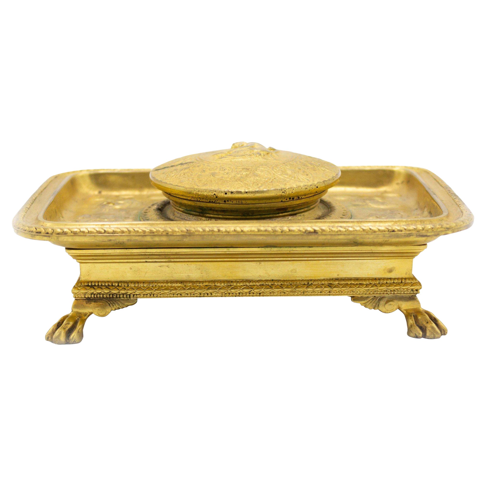 Encrier Empire en bronze doré signé du 19ème siècle, français en vente