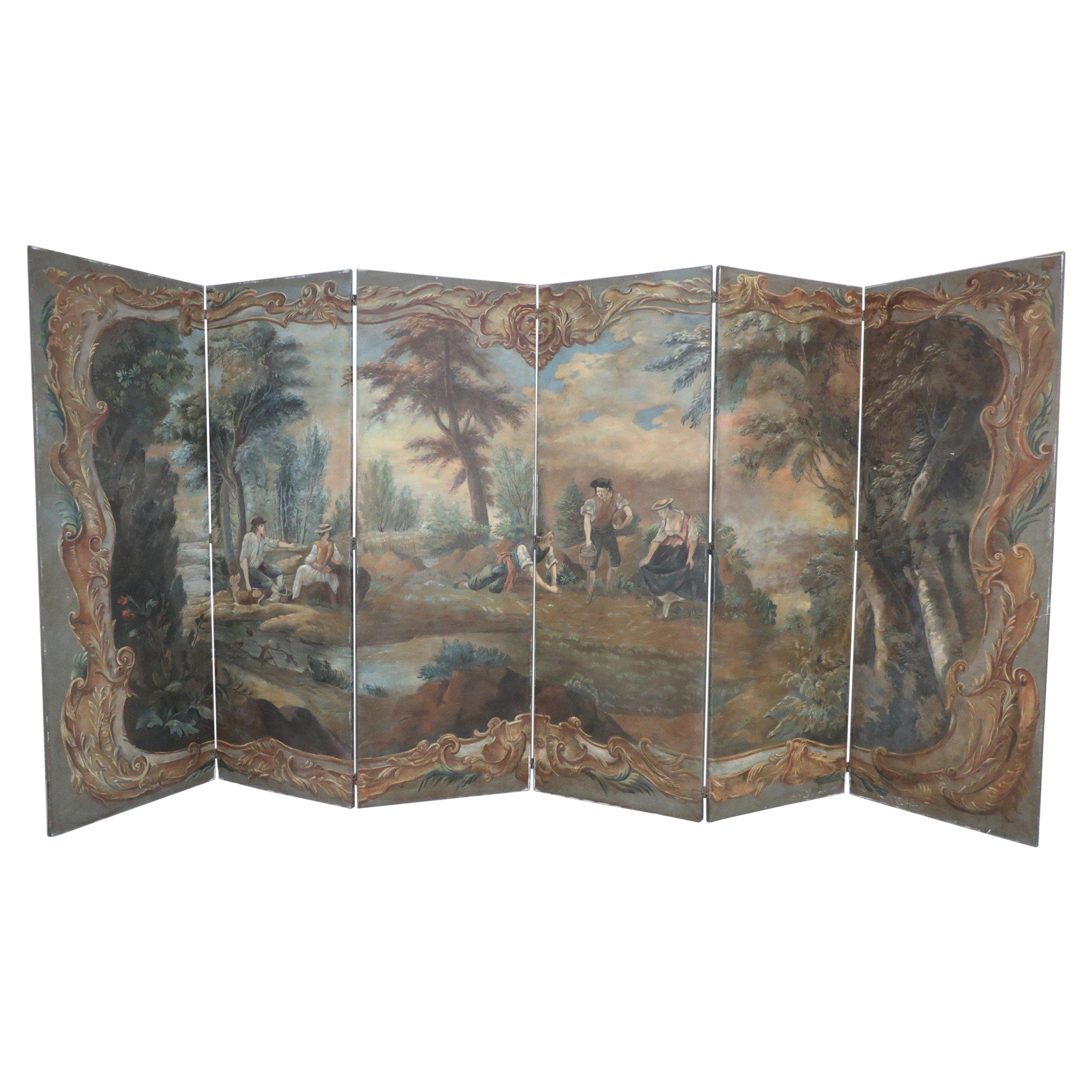 Biombo italiano de 6 paneles con pintura de paisaje de estilo neoclásico