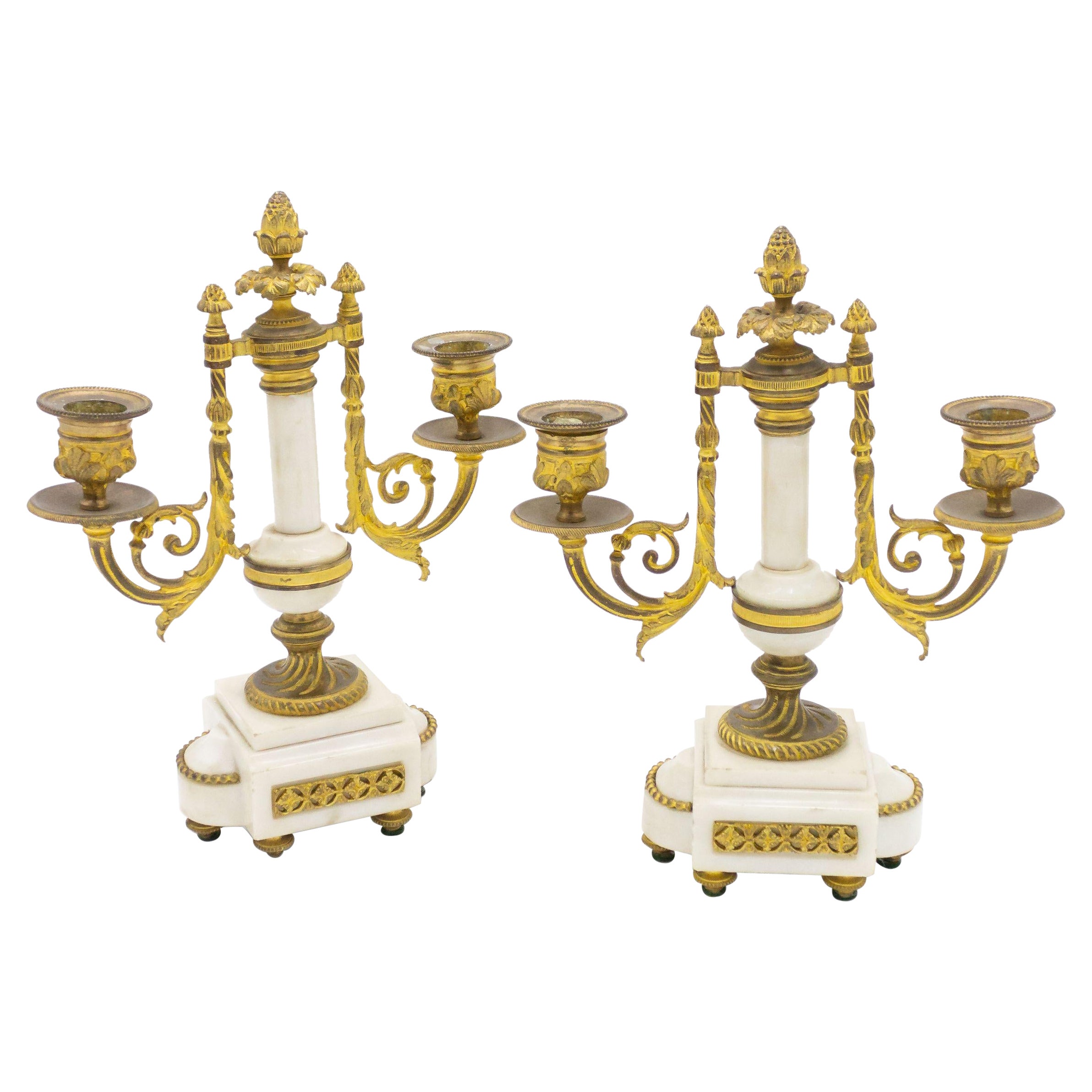 Pair of French Louis XVI Style Marble and Bronze Candelabras For Sale