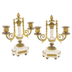 Pair of French Louis XVI Style Marble and Bronze Candelabras