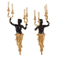 Pair of Stunning Gilt and Patinated Bronze Wall Sconces