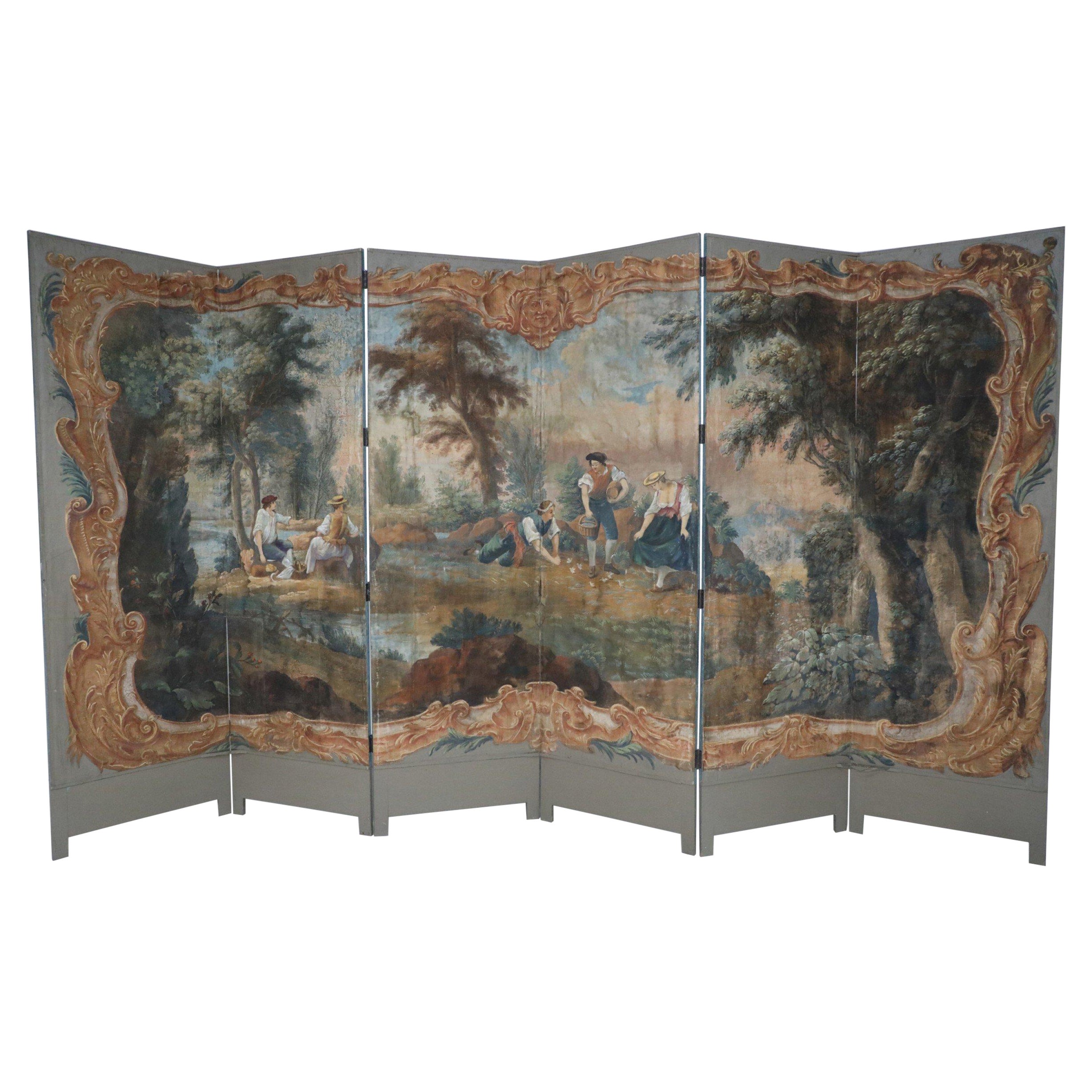 Italian Neo-Classical Style Figurative Painting 6-Paneled Folding Screen For Sale