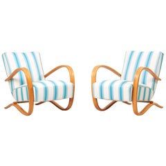 Set of H269 Armchairs by Jindrich Halabala white and blue stripes 