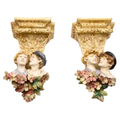 Art Nouveau Italian Pair of Wall Brackets with Children Busts and Flowers 1920