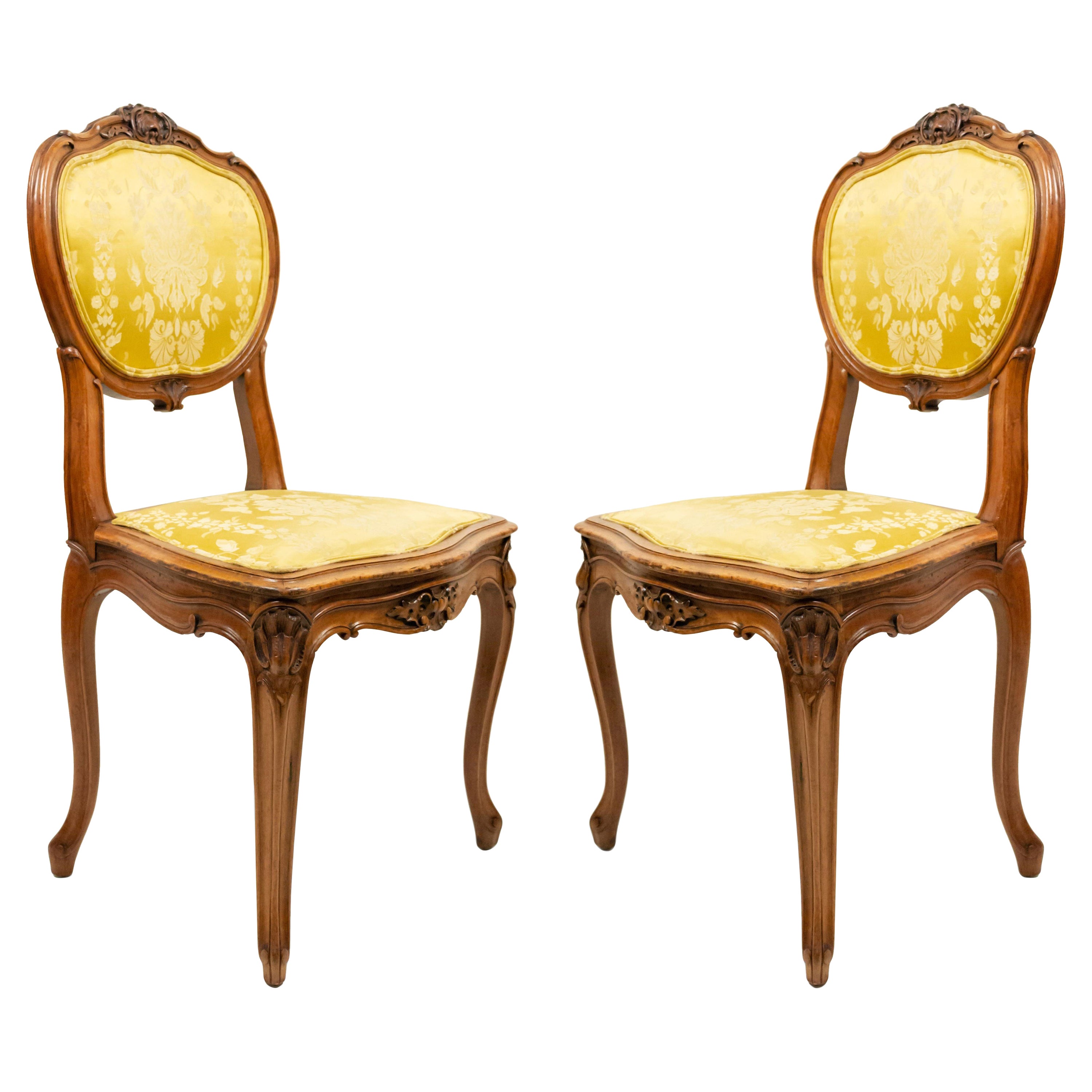 Set of 10 French Louis XV Gold Damask Side Chairs