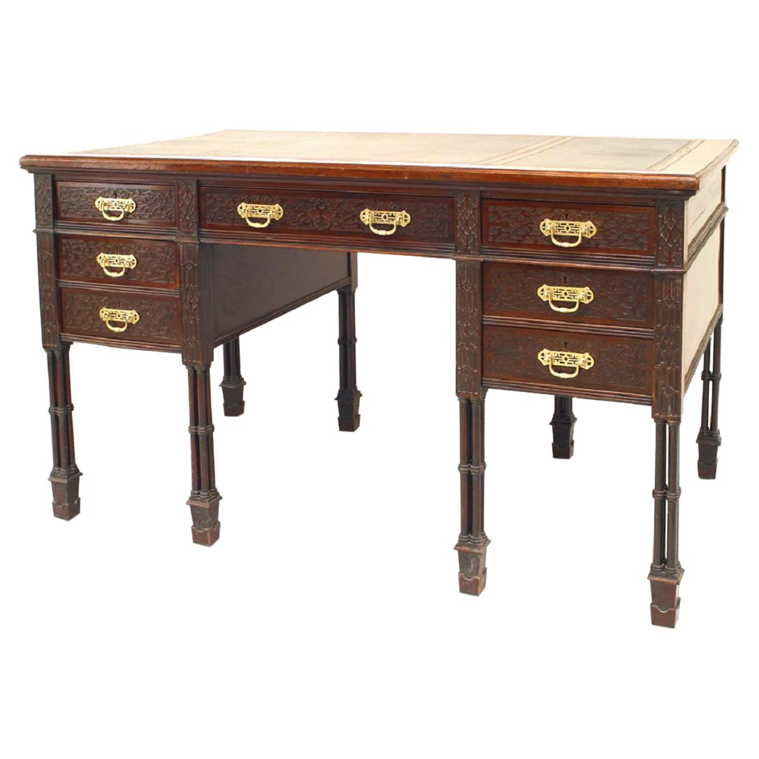 English Chinese Chippendale Style Mahogany Desk For Sale