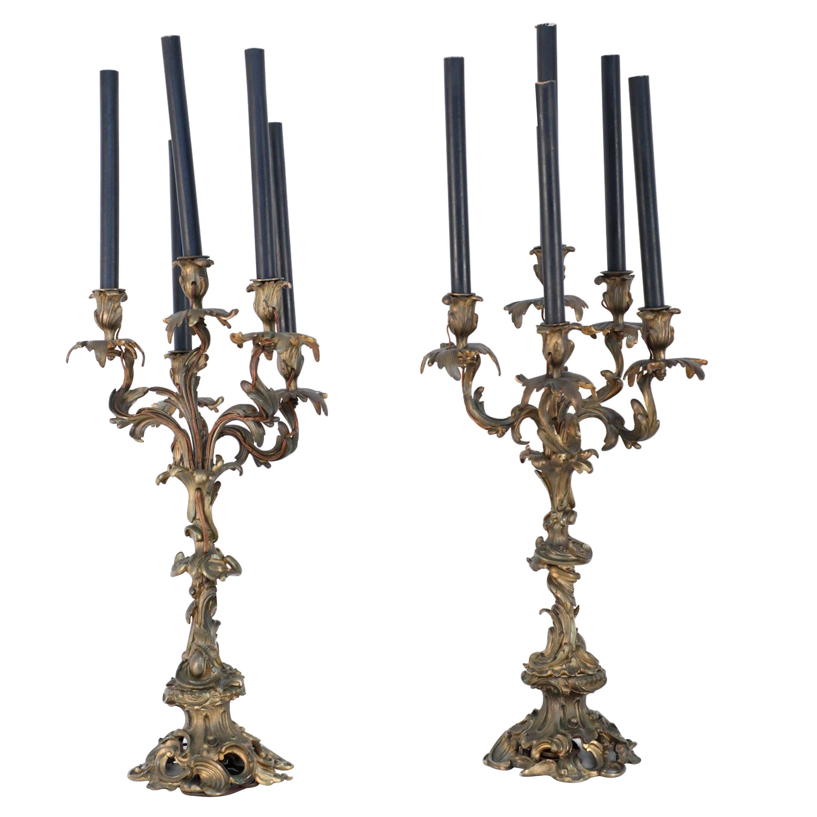 Pair of Louis XV Style Bronze 5-Arm Electrified Black Candle Candelabras For Sale