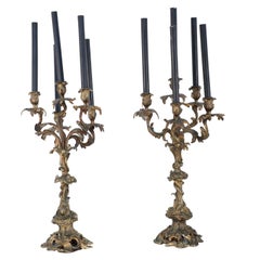 Pair of Louis XV Style Bronze 5-Arm Electrified Black Candle Candelabras
