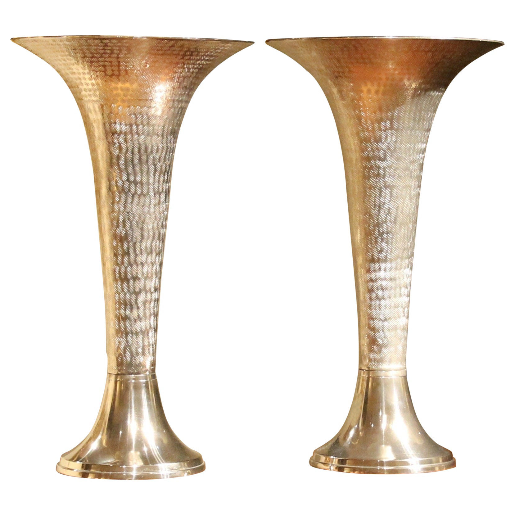 Italian Early 20th Century Modernist Hammered Cast Aluminum Trumpet Shape Vases
