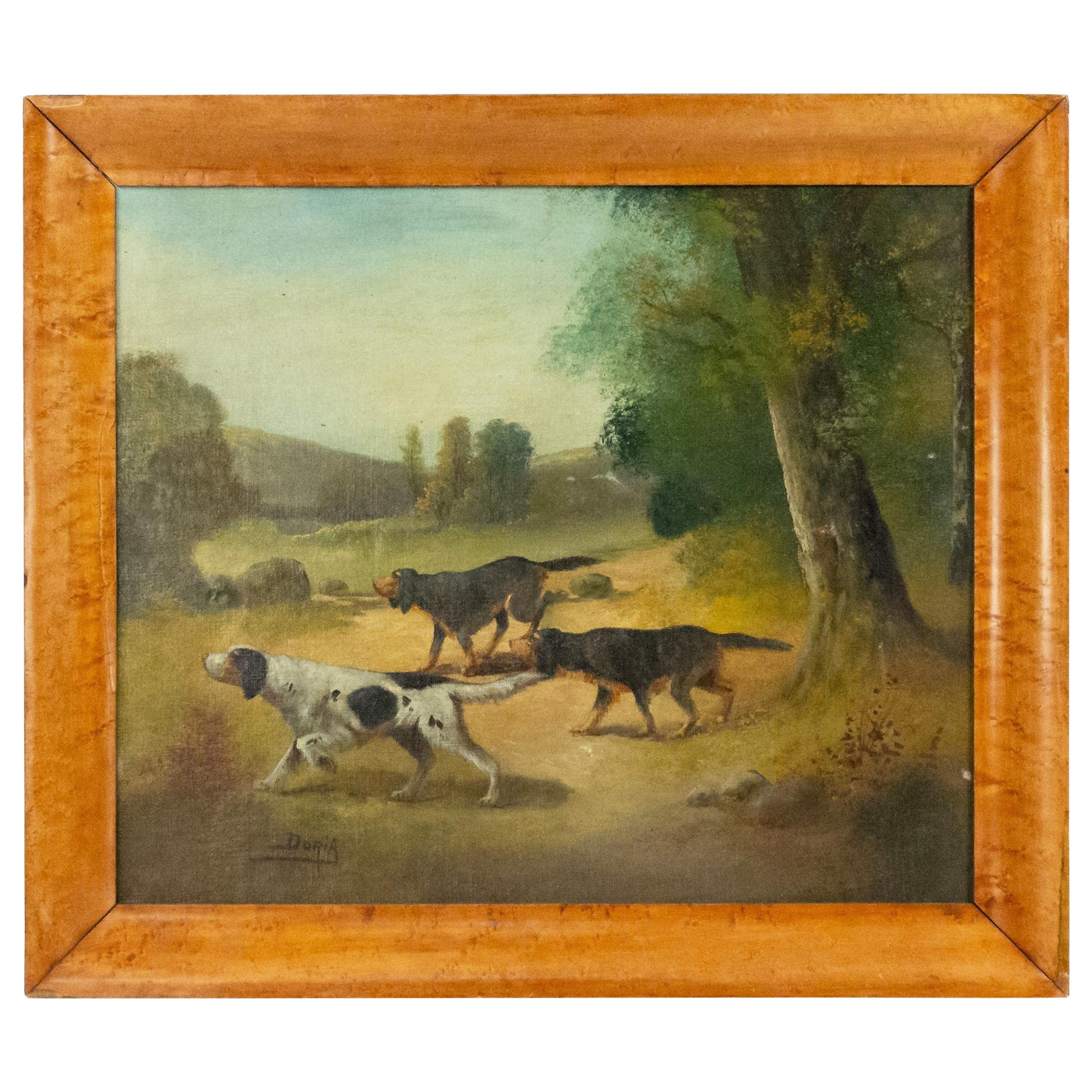 20th Century English Victorian Country Dog Hunting Oil Painting Framed For Sale